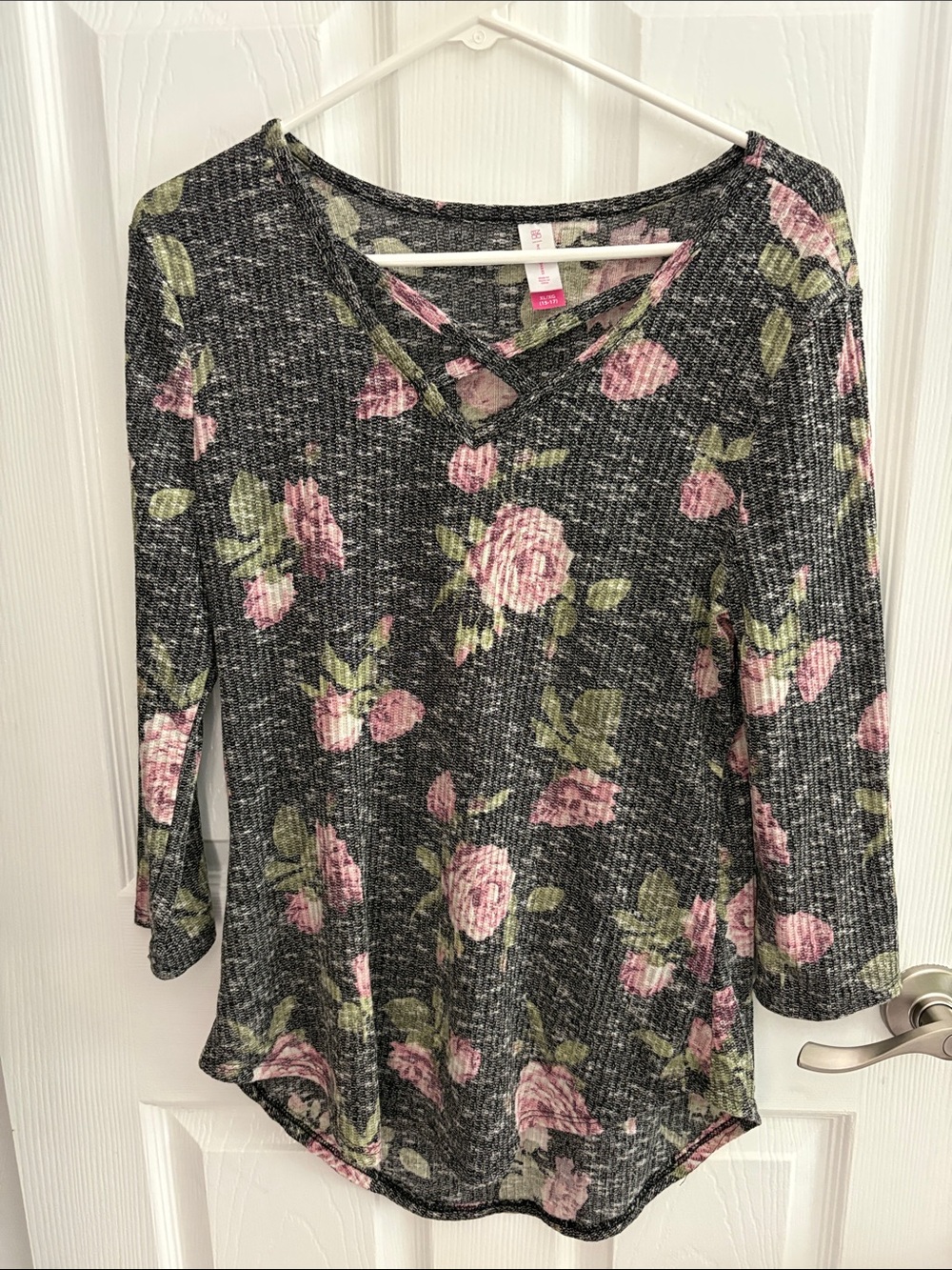 Women's Floral Crisscross Neck Knit Top - Pink Floral on Charcoal